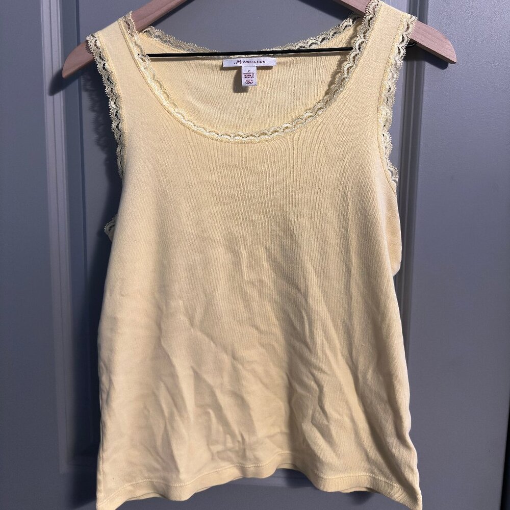 JM Collection Pale Yellow Lace-Trim Tank Top 100% cotton